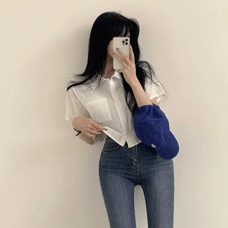 Refreshing Pocket Collar Crop Short Sleeve Shirt
