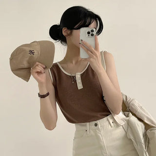 Linen Color-Blocked Henley Neck Sleeveless Top