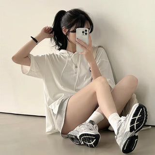 Swing-Around~ Oversized Plain Slit Hooded Short Sleeve T-shirt
