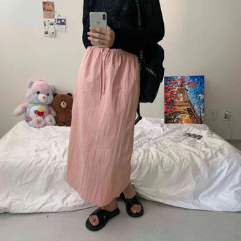 [Until Midsummer/Full Elastic Waist] Woven Nylon Summer Slit Long Skirt (3 colors)