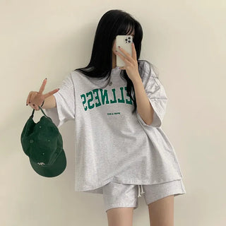 Easily Wearable~ Oversized Wellness Lettering Short Sleeve T-shirt + Elastic Waist Training Shorts Two-Piece Set