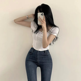 Side Profile Highlight! Square Neck Asymmetrical Cropped Short Sleeve T-shirt