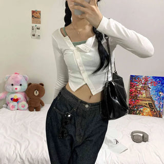 [Autumn ver/Stretch] Slimming Diagonal Button Crop Long Sleeve Tee (4 colors)