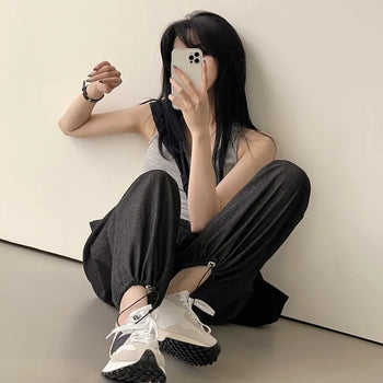 Perfect Coverage of Boldness, Two-Way Elastic Waist Straight Wide Jogger Drawstring Denim Pants