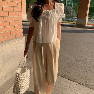 Ribbon square neck blouse