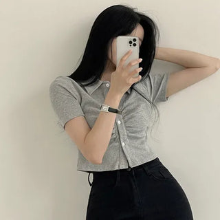 Slimming, Shirred Collar Crop Short Sleeve Cardigan