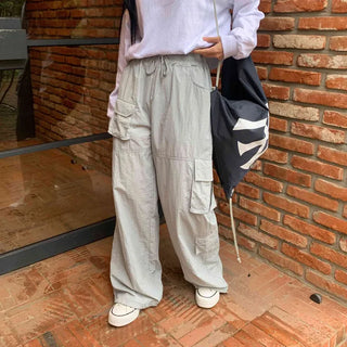 [Unisex] Nylon 4-Pocket Hip Cargo Wide Elastic Waist Pants (2 colors)