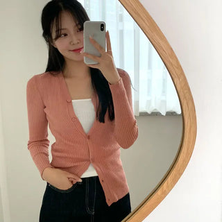 Lia V-neck Slim Fit Ribbed Knit Cardigan