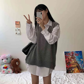 [Girlfriend Look] A Drop of Autumn, Oversized Knit Vest V-Neck Dress (6 colors)