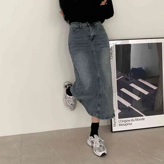 [Autumn VER.] Non-Flaking Washed Stretch High-Waisted Dark Blue & Light Blue Denim Long Skirt (2 colors)