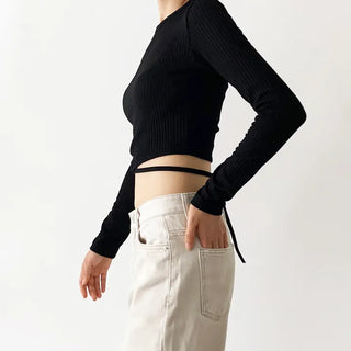 Long Sleeve Cropped Top   Back String Ribbon Slim T-shirt, Statement Top for Year-End Looks and Parties