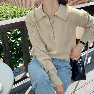 Soft Autumn Long Sleeve Collared Knit T-shirt