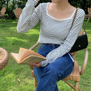 Soft Daily Autumn Square Neck Long Sleeve Knit Striped Knit