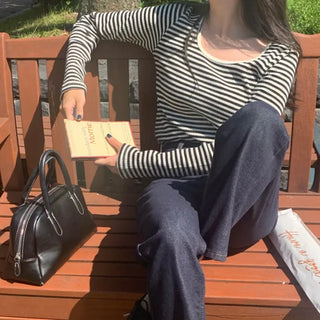 Yeori Slim Square Neck Long Sleeve Striped T-shirt
