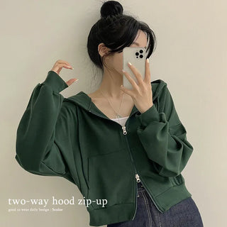 Guaranteed Cuteness, Two-Way Plain Crop Zip-Up Hoodie