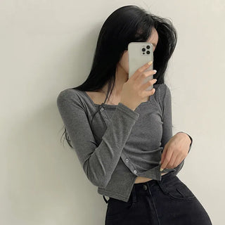 Guaranteed Beauty, Square Neck Button Asymmetrical Slit Crop Long Sleeve T-shirt
