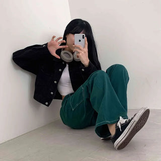 [Low-Waist] Autumn Vintage Cargo Green Wide Cotton Pants