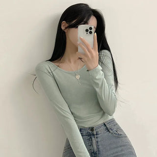 Color Masterpiece, Daily U-Neck Plain Long-Sleeve T-Shirt