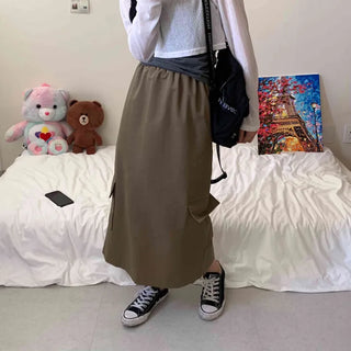 [Autumn ver/Elastic Waist] Pocket Nylon Crinkle Back Slit Long Skirt (2 colors)