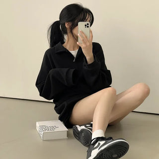 Hip-Covering Avant-Garde, Plain Collared Sweatshirt