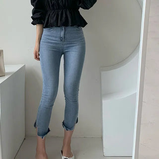 Folding slit cropped straight skinny jeans