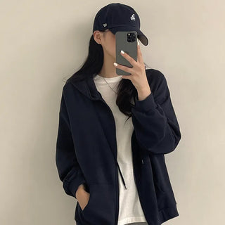 Protective Instinct Oversized Fit, Basic Plain Zip-Up Hoodie