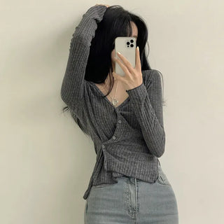 Heartthrob, Two-way Asymmetrical Ribbed V-neck Side Slit Long Sleeve T-shirt