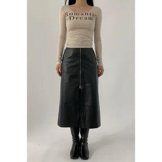 Zipper slit leather midi skirt