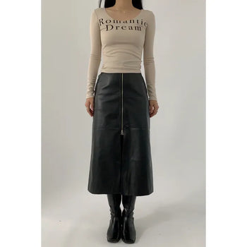 Zipper slit leather midi skirt