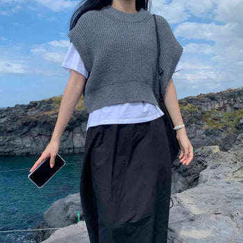 [Loose Fit/Good Quality] Pom-Pom Square Layered Knit Vest (6 colors)
