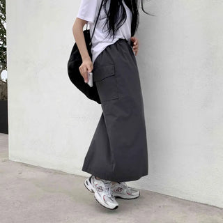 Autumn Version Cotton Pocket Back Slit Elastic Waist Long Skirt (3 colors)