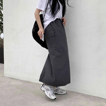 Autumn Version Cotton Pocket Back Slit Elastic Waist Long Skirt (3 colors)