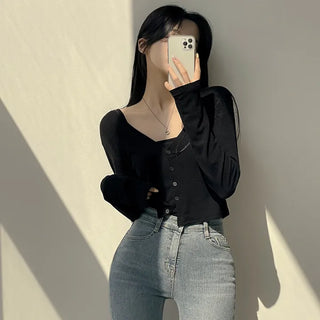 Flowing Delicacy, V-neck Crop Long-sleeve Cardigan + Sleeveless Two-piece Set