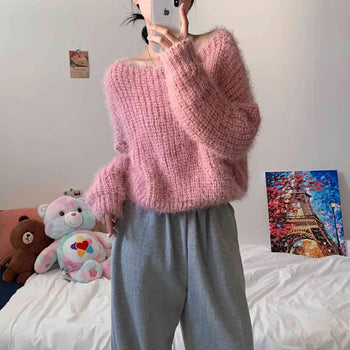 [No Shedding] Lip Neck ver. Pine Needle Angora Semi-Crop Loose Fit Knit (5 colors)