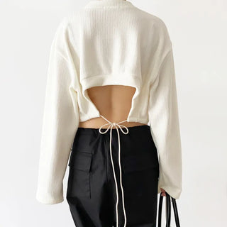 Back Point Cropped Knit   String Ribbon Oversized SpringAutumn Round Knit