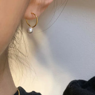 Gold Swarovski Pearl Round Hoop Earrings