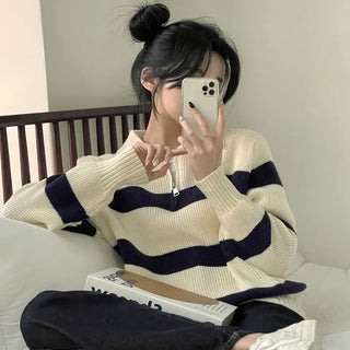 A Spoonful of Cuteness, Color-Blocked Striped Half-Zip Collared Long Sleeve Knit