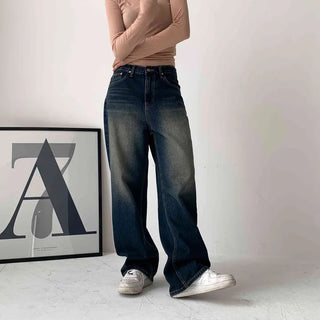 [Lower Body Cover] Vintage Sand Washed Wide Fit Dark Blue Denim Pants