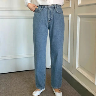 Light Blue, Medium Blue, Dark Blue Straight Denim Pants High-Waisted Jeans