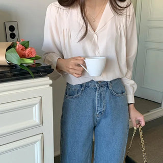 Autumn Wedding Guest V-Neck Puff Pintuck Blouse