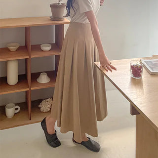 Miko Pintuck Flare Back-Elastic Cotton Long Skirt