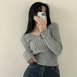 Full of Delicacy, Cable Knit U-Neck Ribbed Crop Long Sleeve Knit