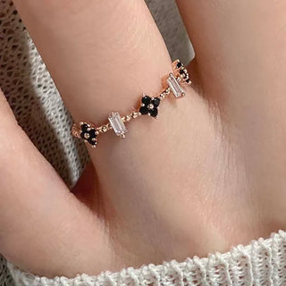 Black and White Flower Mix Layered Ring (Silver, Rose Gold)