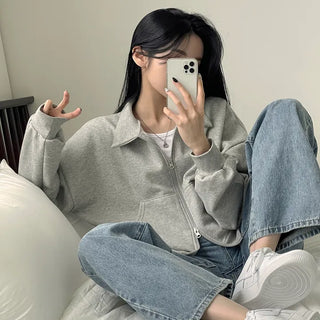 Cute Avant-garde Fit, Two-way Plain Collared Zip-up