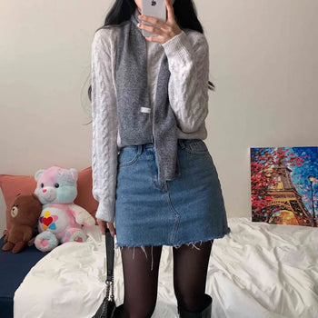 [Slim Fit/Cinched Waist] Cable Knit Mix Soft Crop Knit (6 colors)