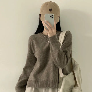 Delicate~ Cashmere Wool Loose Fit Round Asymmetrical Slit Long Sleeve Knit