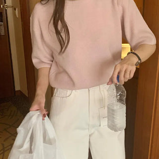 Soft ribbed wool round winter short sleeve knit