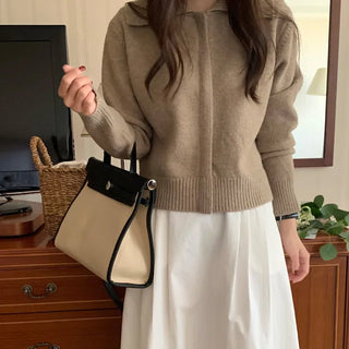 Thick, soft cropped collar zip-up knit cardigan