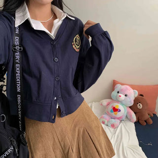 [Loose Fit/Teen] Embroidered Wappen V-Neck Basic Cardigan (5 colors)