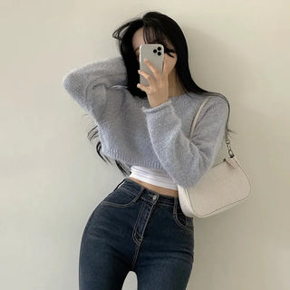 Full of Delicacy, Angora Round Cropped Long Sleeve Knit